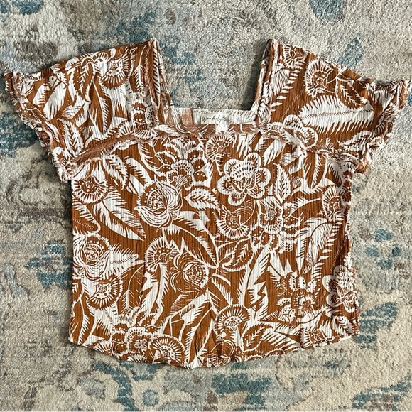 Wonderly Short Sleeve Floral Blouse Size Small Brown/Ivory Square Neck Top - Picture 1 of 2